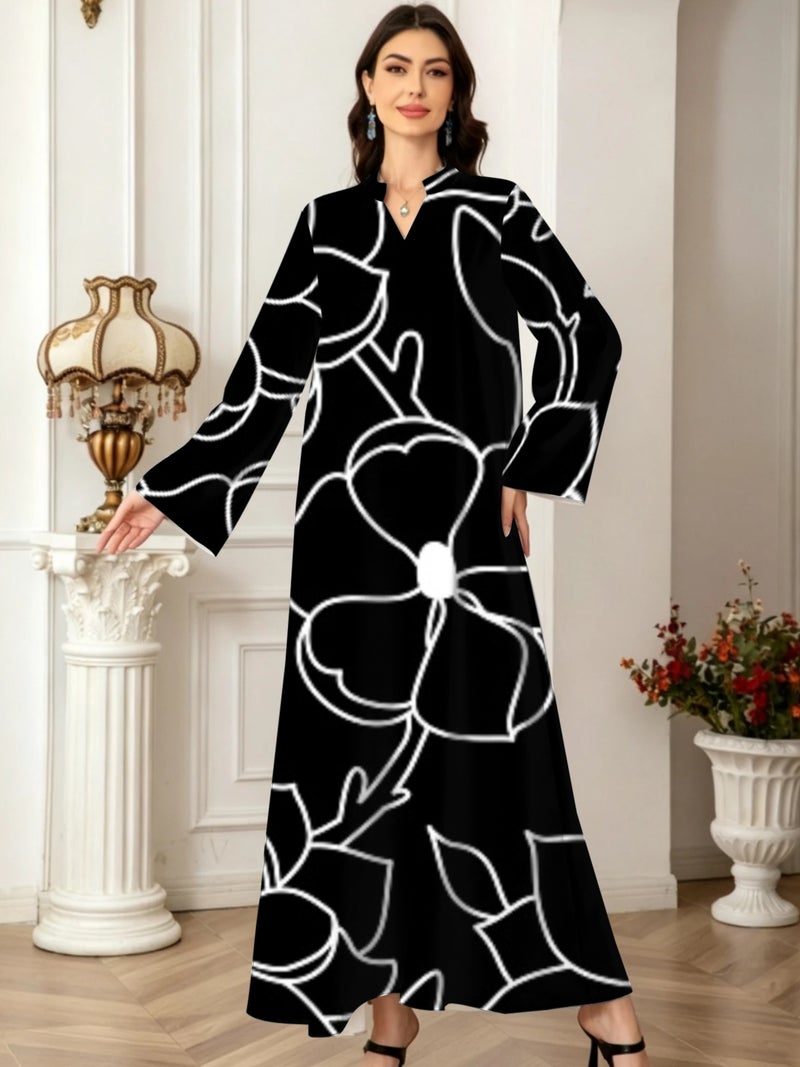 Large Outline Flower Print Black Abaya Stand Collar Flare Sleeve Long Dress - Image 2