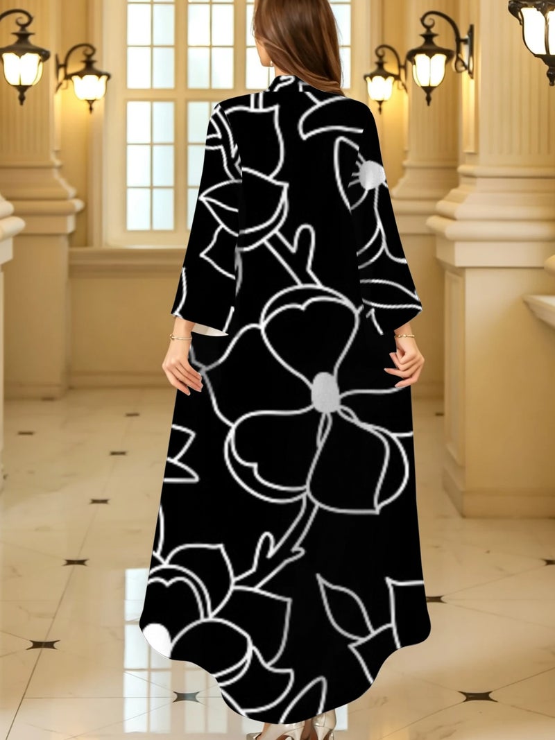 Large Outline Flower Print Black Abaya Stand Collar Flare Sleeve Long Dress - Image 4