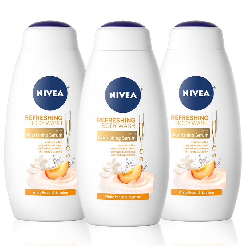 NIVEA Refreshing White Peach and Jasmine Body Wash with Nourishing Serum, Scented Body Wash for Women, Enriched with Provitamin B5 and Vitamin E, 20 Fl Oz Bottle, 3 Pack - Image 1