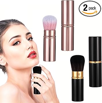 Grevosea Retractable Makeup Brush 2 Pack Blusher Brushes Retractable Kabuki Brush with Cover Extensible Foundation Brush for Women Liquid Cream Foundation Concealer Blush Makeup Gold Black - Image 1