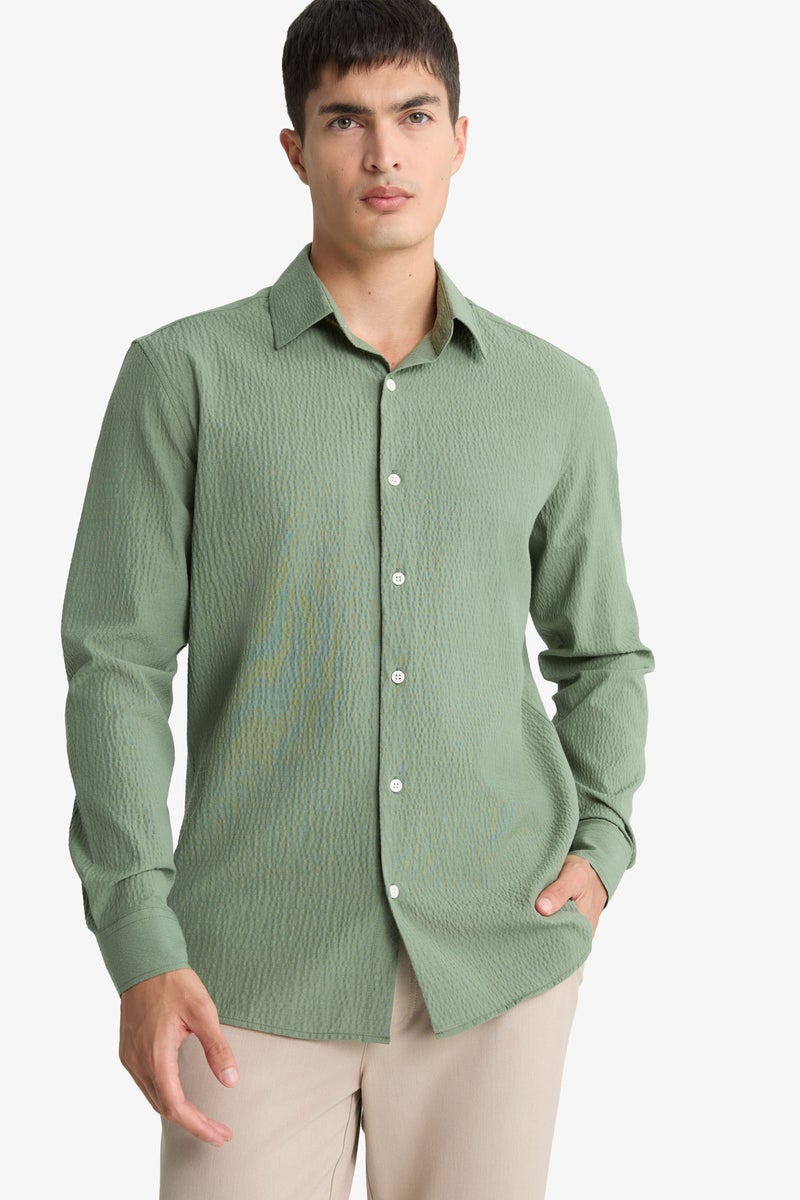 DeFacto Green Man Modern Fit Polo Neck Crinkle Shirt Casual - Image 1