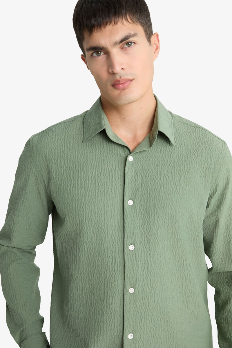 DeFacto Green Man Modern Fit Polo Neck Crinkle Shirt Casual - Image 4