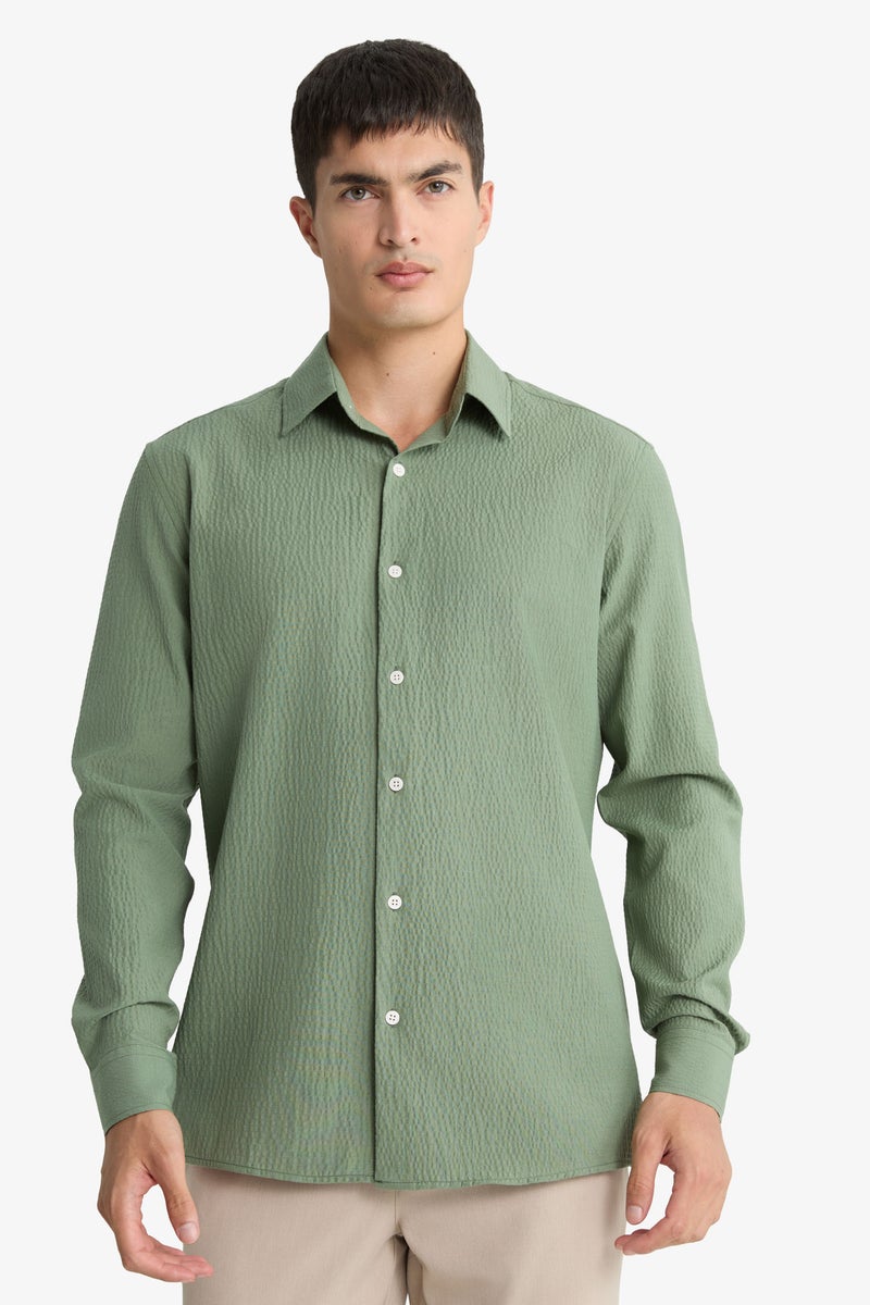 DeFacto Green Man Modern Fit Polo Neck Crinkle Shirt Casual - Image 3