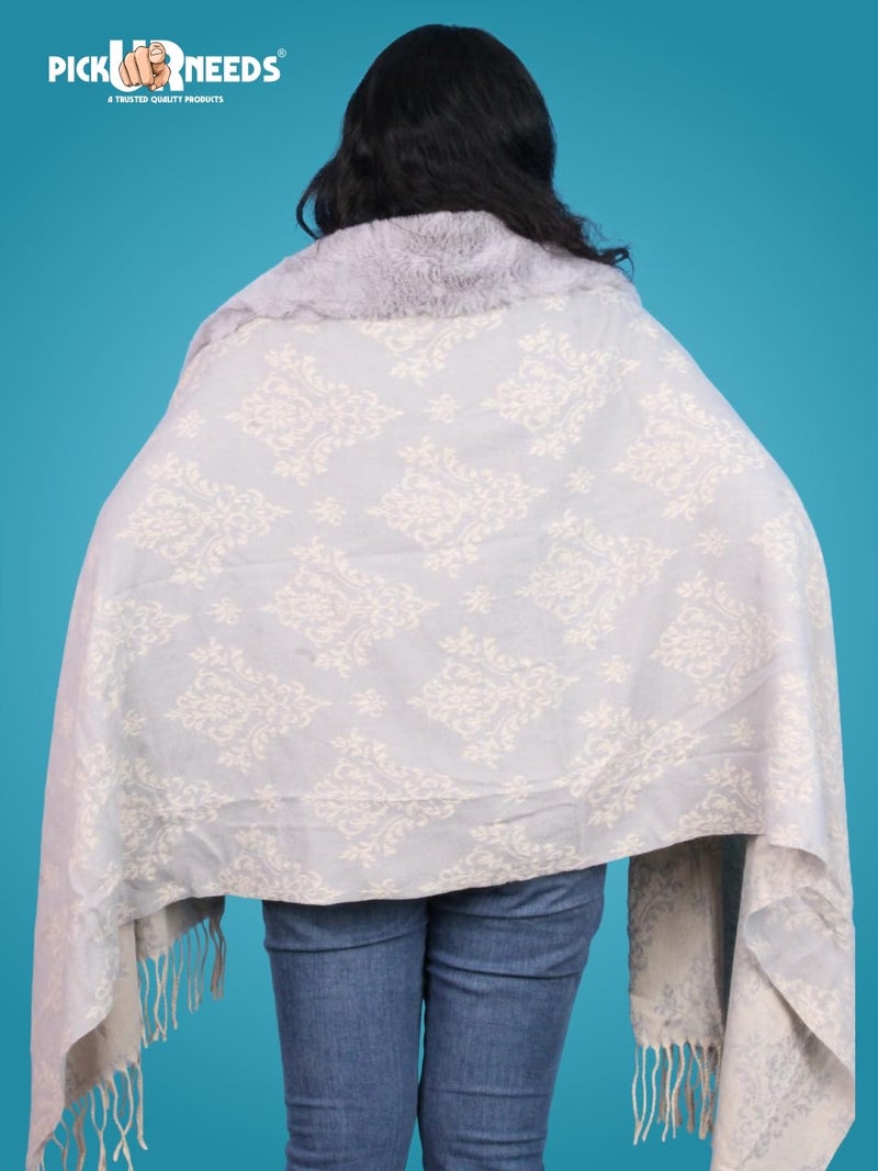 Pick Ur Needs Elegant Winter Soft & Warm Woolen Shawl with Faux Fur Border Multi Color Pattern Scarf (Light Grey) - Image 2