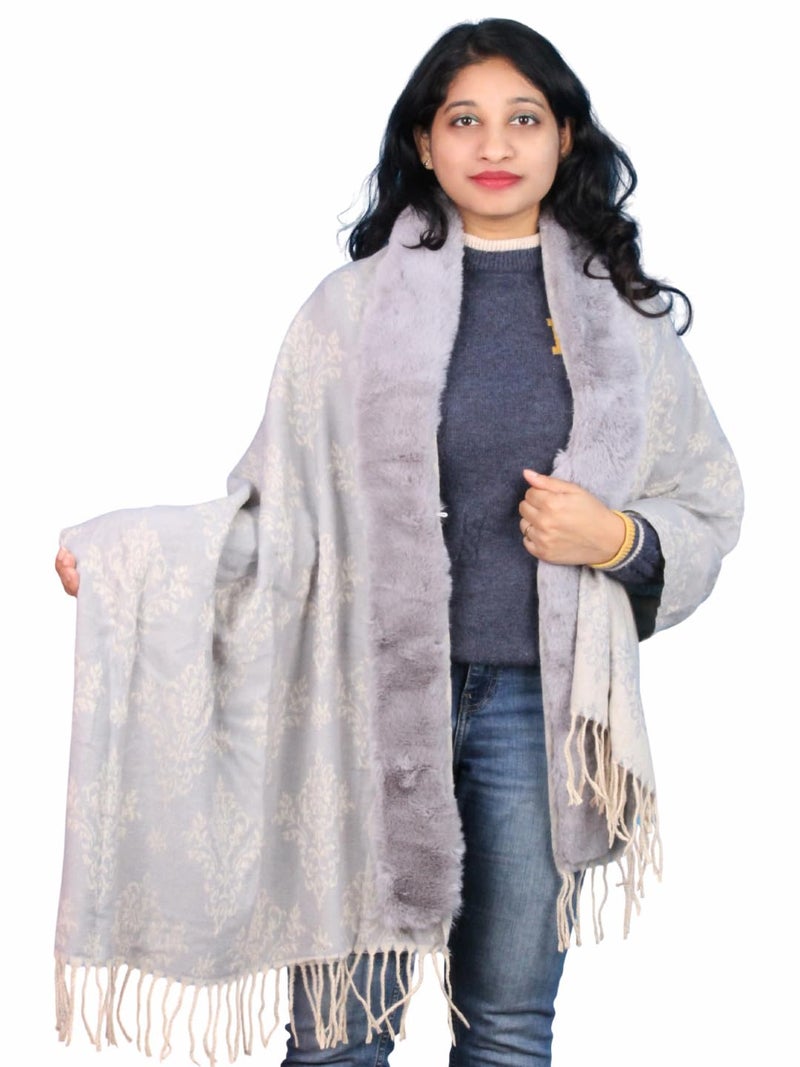 Pick Ur Needs Elegant Winter Soft & Warm Woolen Shawl with Faux Fur Border Multi Color Pattern Scarf (Light Grey) - Image 1