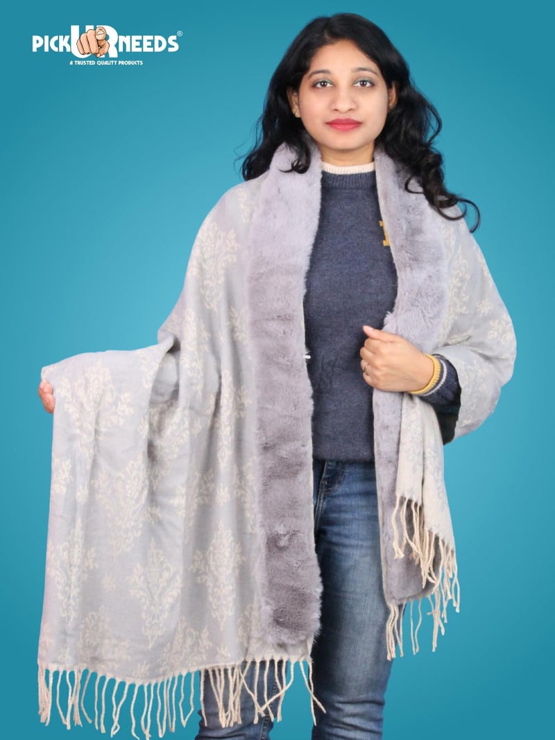 Pick Ur Needs Elegant Winter Soft & Warm Woolen Shawl with Faux Fur Border Multi Color Pattern Scarf (Light Grey) - Image 5