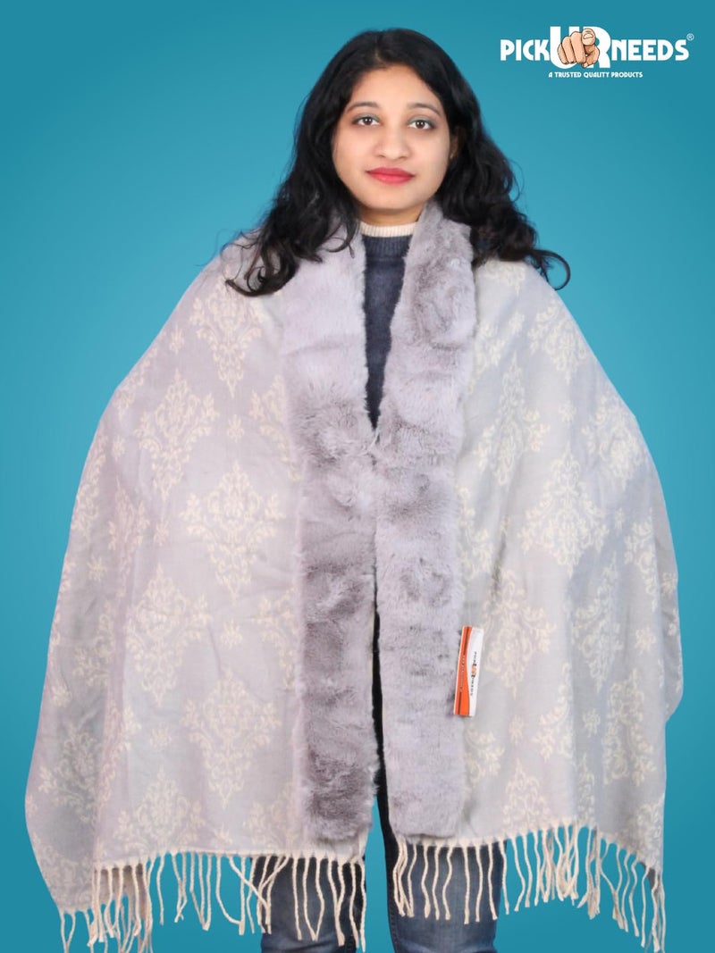 Pick Ur Needs Elegant Winter Soft & Warm Woolen Shawl with Faux Fur Border Multi Color Pattern Scarf (Light Grey) - Image 3