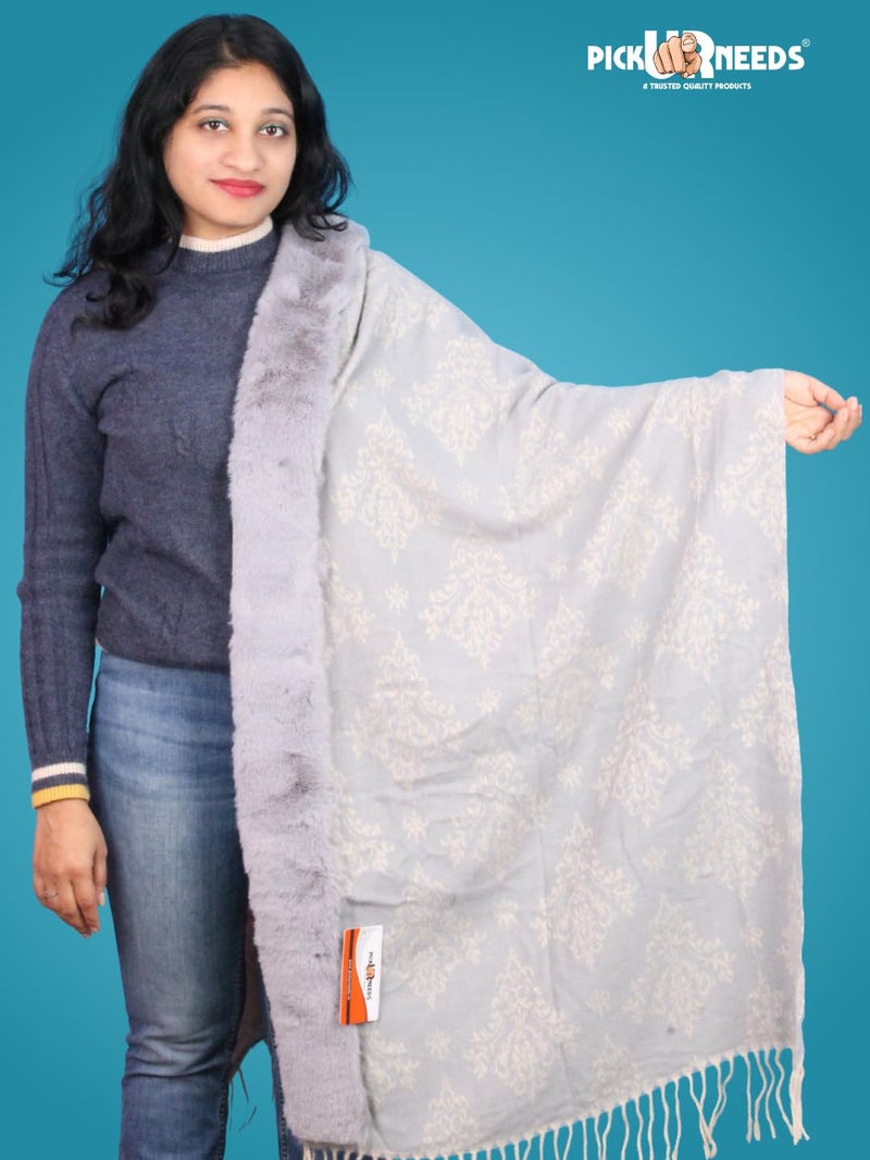 Pick Ur Needs Elegant Winter Soft & Warm Woolen Shawl with Faux Fur Border Multi Color Pattern Scarf (Light Grey) - Image 4