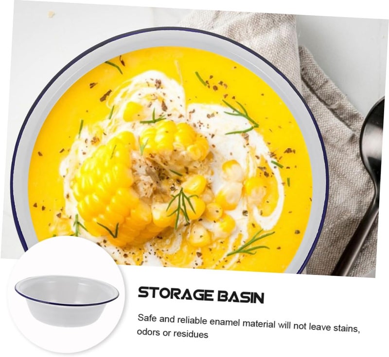 DOITOOL Vintage Enameled Basin 20cm Enamelware Mixing Bowl Shabby Chic Fruit Bowl Dough Bowl Washing Basin Rice Soup Bowl for Home Kitchen White - Image 3