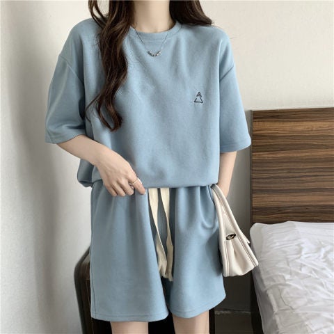 Original quality 2022 summer new leisure sports suit womens loose all-match short sleeve shorts two-piece trendy Blue  - Image 1