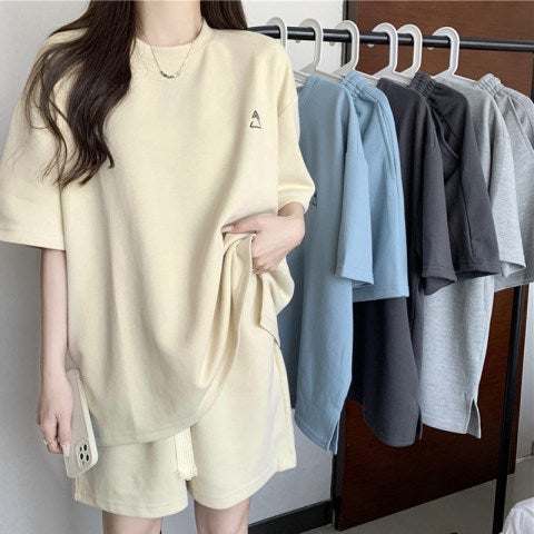 Original quality 2022 summer new leisure sports suit womens loose all-match short sleeve shorts two-piece trendy Blue  - Image 4