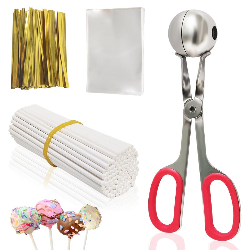 Cake Pop Sticks and WrappersCake Pop Maker Set Include 100 Cake Pop BagsLollipop Sticks and Gold Metallic Twist Ties Meat Baller with One Handles Cake Pops Making Tools for Candies and Chocolates