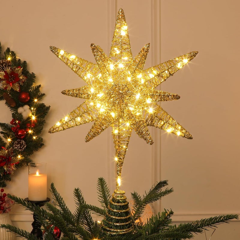 Obralitic 15 Inch Christmas Tree Star Topper with 60 LED Timer Lights & Remote, 18-Point USB Powered Lighted Gold Moravian Star Tree Topper for Indoor Holiday Party Xmas Tree Decoration - Image 1