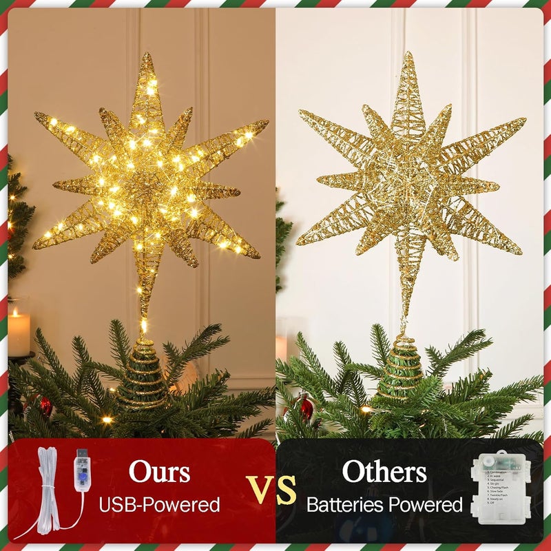 Obralitic 15 Inch Christmas Tree Star Topper with 60 LED Timer Lights & Remote, 18-Point USB Powered Lighted Gold Moravian Star Tree Topper for Indoor Holiday Party Xmas Tree Decoration - Image 5