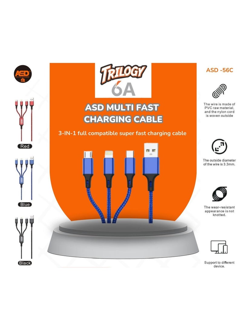 ASD Trilogy Multi Fast Charging Cable | 6A 3 in 1 compatible super fast charge cable ASD-56C  - Image 3