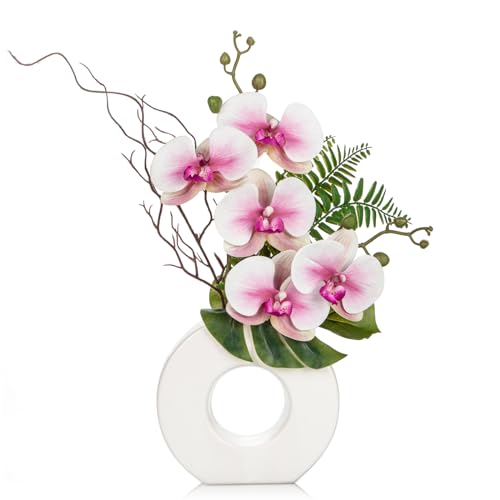 Briful Orchid Artificial Flowers 16.1'' Pink Orchid Silk Flowers with Ceramic Vase Faux Orchid Arrangement for Home Office Bathroom Table Centerpiece Indoor Decoration - Image 1