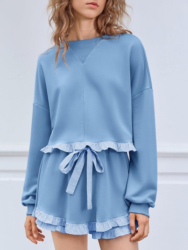 Fisoew Women's 2 Piece Lounge Sets Ruffle Color Block Cropped Sweatshirts Casual Drawstring Shorts Fall Loose Sweatsuits - Image 2