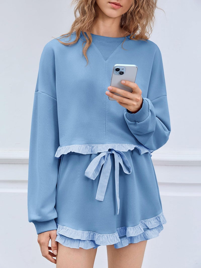 Fisoew Women's 2 Piece Lounge Sets Ruffle Color Block Cropped Sweatshirts Casual Drawstring Shorts Fall Loose Sweatsuits - Image 4
