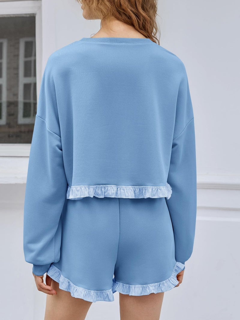 Fisoew Women's 2 Piece Lounge Sets Ruffle Color Block Cropped Sweatshirts Casual Drawstring Shorts Fall Loose Sweatsuits - Image 3