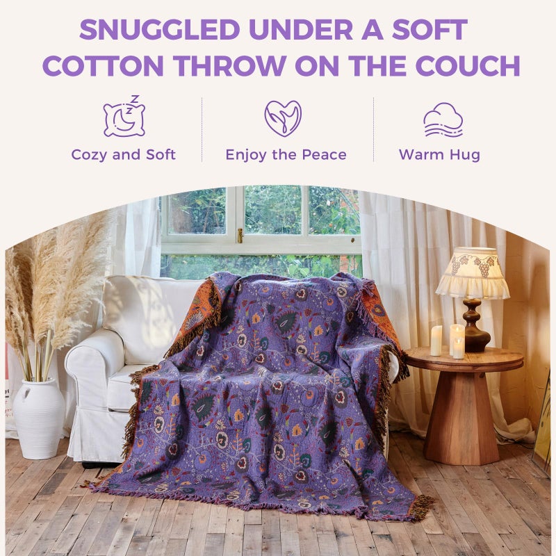 LUTBM Boho Throw Blanket for Bed 100% Cotton Soft Lightweight Quilt Home Decor Purple Spring Bed Blanket,Floral Embroidery Reversible All Season Breathable Twin Throws for Sofa Couch Chair 60"x80" - Image 4