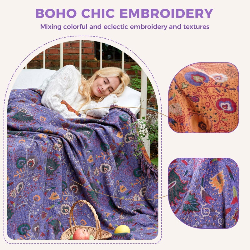 LUTBM Boho Throw Blanket for Bed 100% Cotton Soft Lightweight Quilt Home Decor Purple Spring Bed Blanket,Floral Embroidery Reversible All Season Breathable Twin Throws for Sofa Couch Chair 60"x80" - Image 3