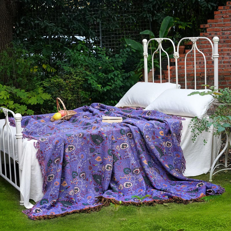 LUTBM Boho Throw Blanket for Bed 100% Cotton Soft Lightweight Quilt Home Decor Purple Spring Bed Blanket,Floral Embroidery Reversible All Season Breathable Twin Throws for Sofa Couch Chair 60"x80" - Image 5