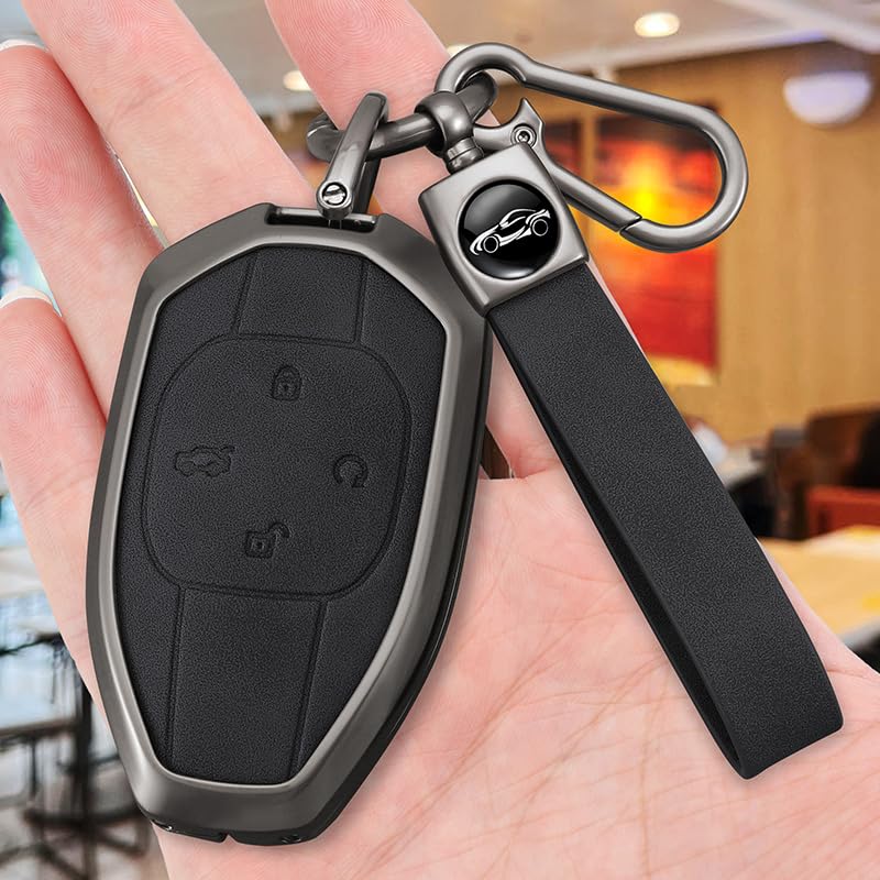 SANRILY Metal Leather 4 Button Key Fob Cover Fit for GAC 2021 Empow J11 J12 GS8 GM6 Trumpchi Accessories Keyless Key Case with Leather Keychain Black - Image 3