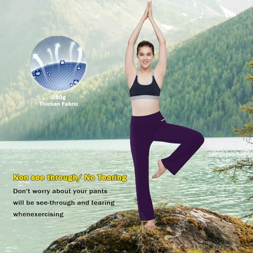 HISKYWIN Inner Pocket Yoga Pants 4 Way Stretch Tummy Control Workout Running Pants, Long Bootleg Flare Pants HF2-Dark Magenta-L - Image 5