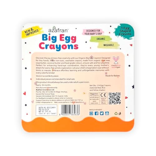 Azafran Organics Big Egg Crayons - Non-Toxic, Washable, Hypoallergenic, Plant-Based Grasp Crayons for Kids - Ideal Educational Toys for 1+ Year Old - Pack of 3 - Image 2