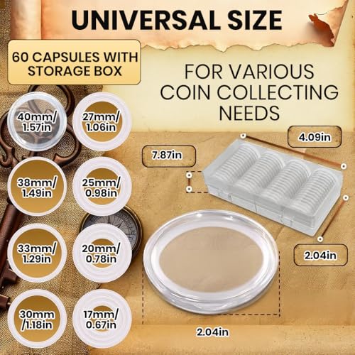 Climberty® 60 Pcs Coin Box with 5 Sizes Protective Gasket, Clear Plastic Coin Capsule Holder for 17-40mm Coins, Tokens, Medals, Collecting Storage Organizer - Image 2