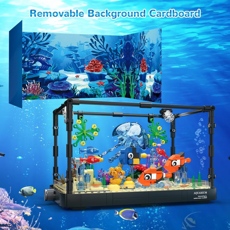 HOGOKIDS Fish Tank Building Set with LED Light - Movable Aquarium Building Toys for Adults Kids | 725PCS Creative Aquarium Toy with Jellyfish, Fish Animal Educational Gift for Boys Girls Age 8-14 - Image 4