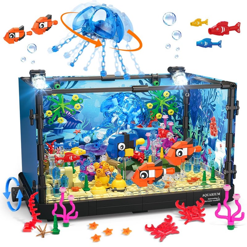 HOGOKIDS Fish Tank Building Set with LED Light - Movable Aquarium Building Toys for Adults Kids | 725PCS Creative Aquarium Toy with Jellyfish, Fish Animal Educational Gift for Boys Girls Age 8-14 - Image 1