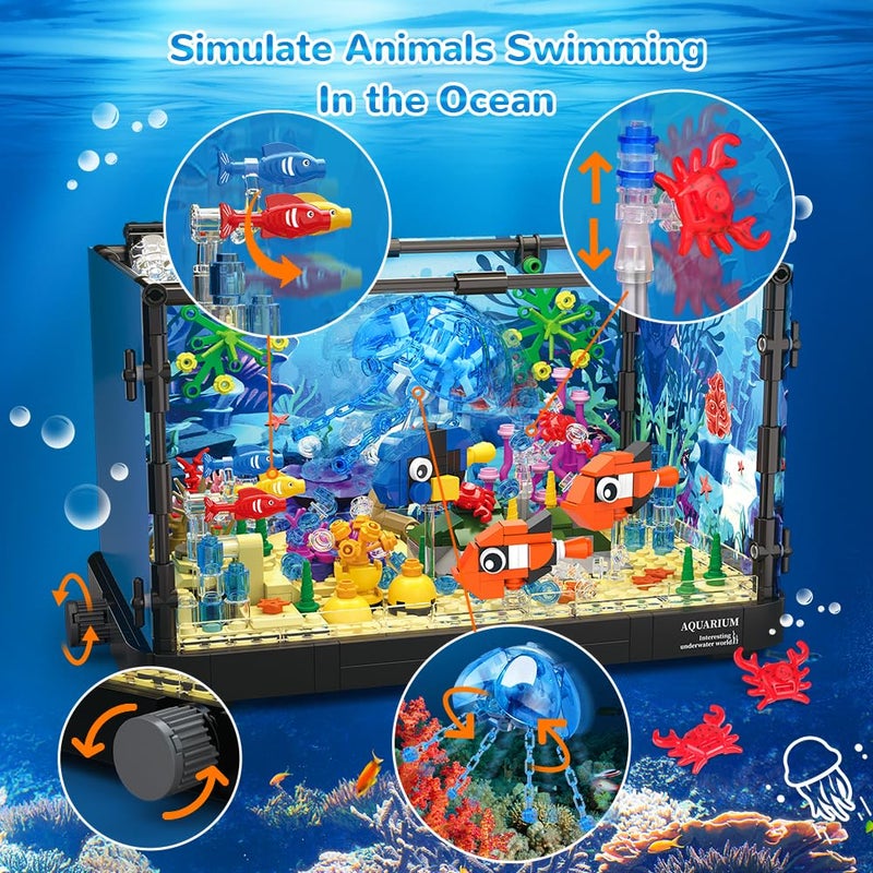 HOGOKIDS Fish Tank Building Set with LED Light - Movable Aquarium Building Toys for Adults Kids | 725PCS Creative Aquarium Toy with Jellyfish, Fish Animal Educational Gift for Boys Girls Age 8-14 - Image 3