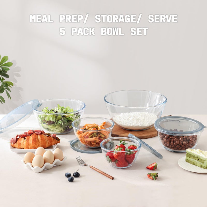 Cuiselect 5pc Glass Mixing Bowls with Lids Set (4.65QT, 2.80QT, 1.64QT, 1.16QT, 0.85QT), Nesting Salad Bowl, Large Glass Mixing Bowl for Cooking, Baking, Prepping-Dishwasher Microwave Freezer Safe - Image 2