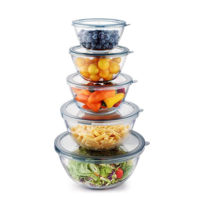 Cuiselect 5pc Glass Mixing Bowls with Lids Set (4.65QT, 2.80QT, 1.64QT, 1.16QT, 0.85QT), Nesting Salad Bowl, Large Glass Mixing Bowl for Cooking, Baking, Prepping-Dishwasher Microwave Freezer Safe - Image 1