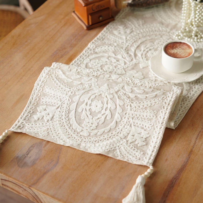 Artbloss Embroidered Table Runner Boho Farmhouse Dresser Scarf Macrame Rustic Lace Doily with Tassel for Kitchen Indoor Outdoor Fireplace (Beige, 14 x 56 Inches) - Image 1