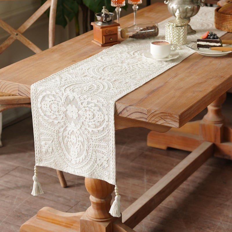 Artbloss Embroidered Table Runner Boho Farmhouse Dresser Scarf Macrame Rustic Lace Doily with Tassel for Kitchen Indoor Outdoor Fireplace (Beige, 14 x 56 Inches) - Image 2