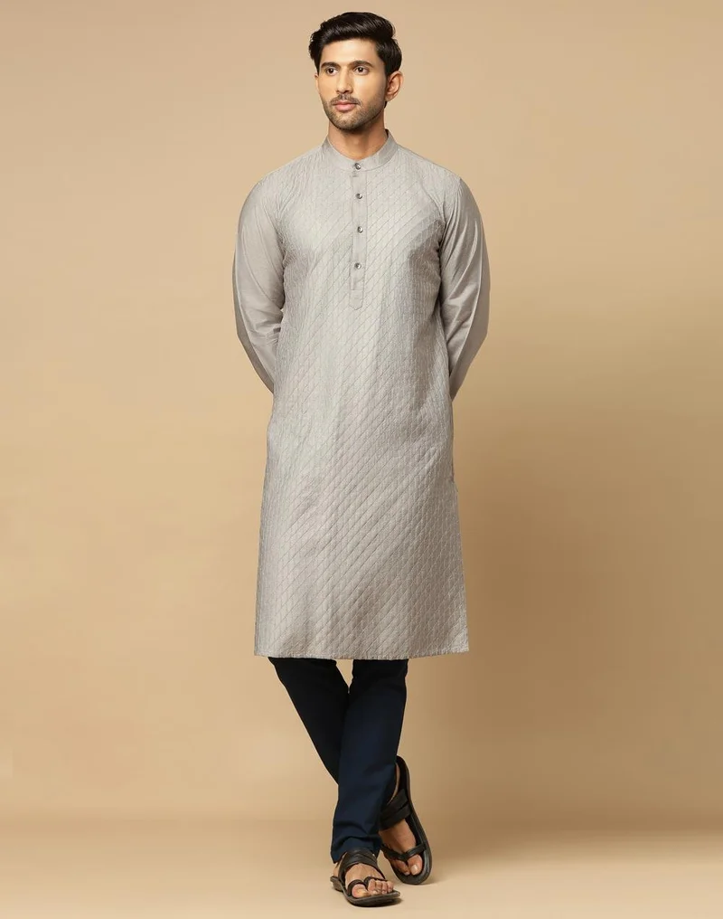 Fabindia Grey Viscose Silk Pintucks Slim Fit Long Kurta