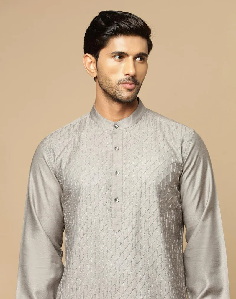 Fabindia Grey Viscose Silk Pintucks Slim Fit Long Kurta