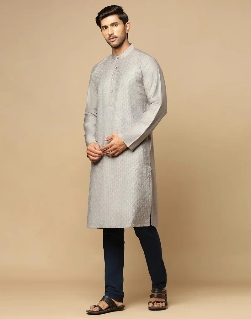 Fabindia Grey Viscose Silk Pintucks Slim Fit Long Kurta