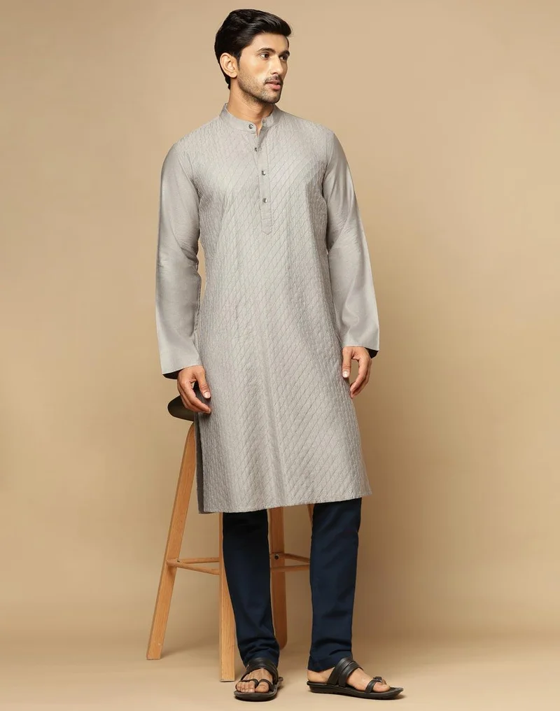 Fabindia Grey Viscose Silk Pintucks Slim Fit Long Kurta