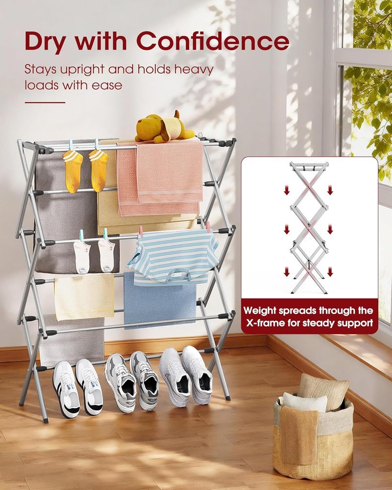 Sakugi Foldable Clothes Drying Rack – Metal Laundry Drying Rack with Non-Slip Feet, 3-Tier Space-Saving Clothing Rack for Organization, Indoor & Outdoor Use, 11.4" D x 29.1" W x 37.4" H, Silver - Image 2