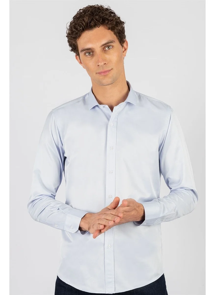 Tudors Modern Slim Fit Long Sleeve Plain Satin Cotton Men's Blue Shirt