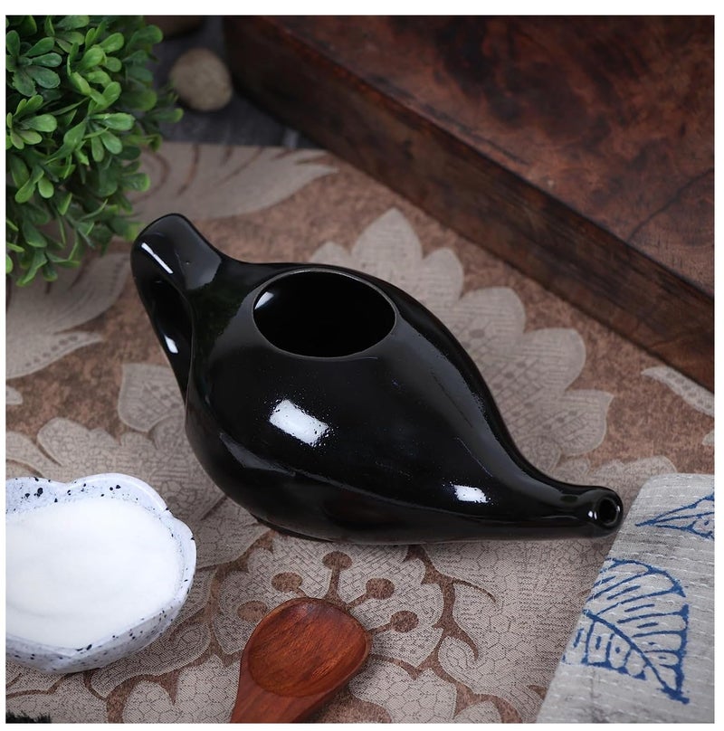 QIMACPLUS Qimacplus Leak Proof Durable Ceramic Neti Pot with 10 Sachet Neti Salt NonMetallic and Comfortable Grip Microwave and Dishwasher Friendly Natural Treatment and Congestion Black