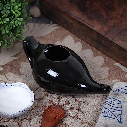 Qimacplus Leak Proof Durable Ceramic Neti Pot with 10 Sachet Neti Salt NonMetallic and Comfortable Grip Microwave and Dishwasher Friendly Natural Treatment and Congestion Black - Image 5