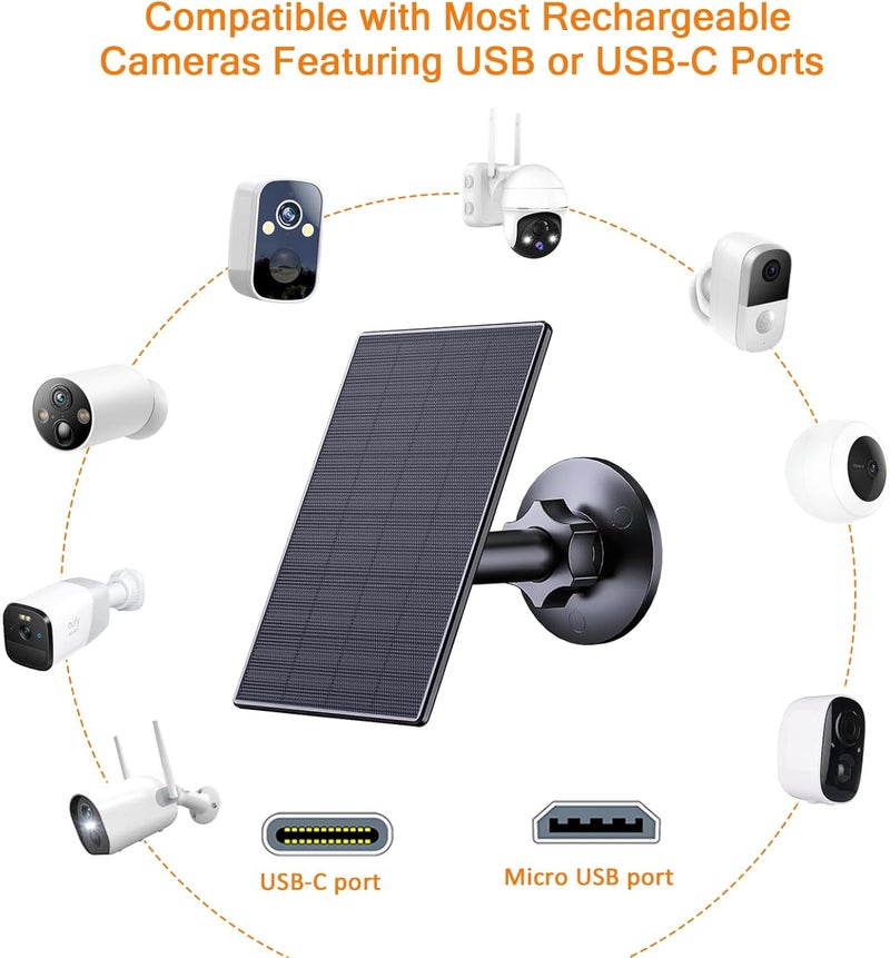 لوحة شمسية 2W لكاميرا المراقبة، لوحة شمسية USB للكاميرا، شاحن لوحة شمسية USB، لوحة شمسية Micro USB قابلة للتعديل 360 درجة للكاميرا الخارجية، أسود (عبوة من 2) - Image 2