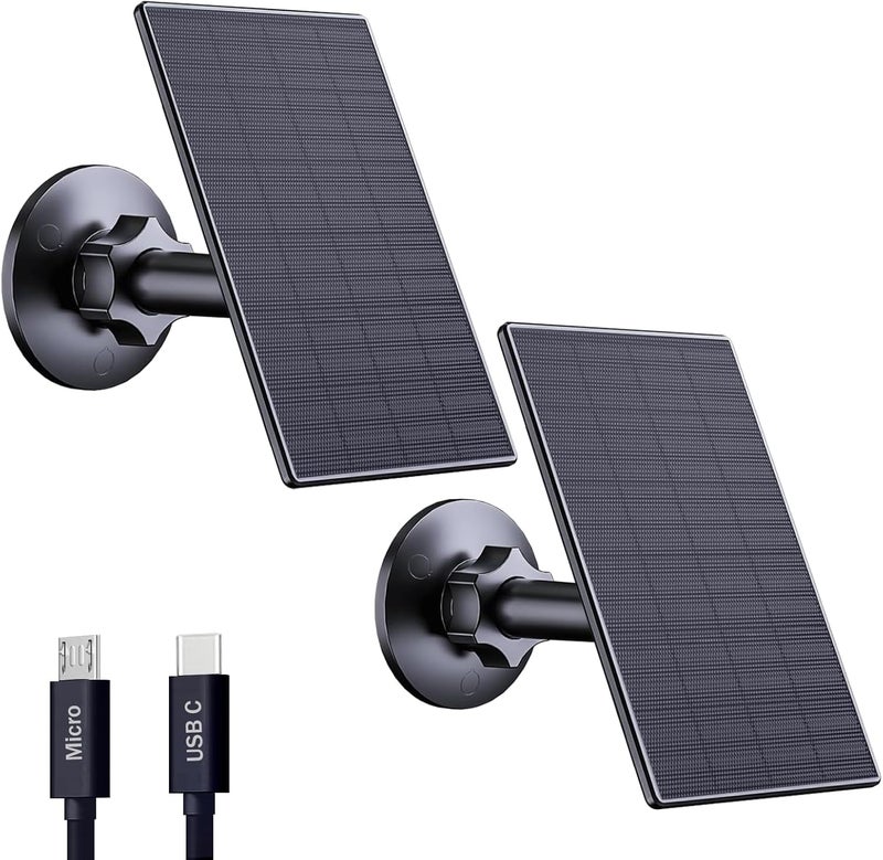 لوحة شمسية 2W لكاميرا المراقبة، لوحة شمسية USB للكاميرا، شاحن لوحة شمسية USB، لوحة شمسية Micro USB قابلة للتعديل 360 درجة للكاميرا الخارجية، أسود (عبوة من 2) - Image 1
