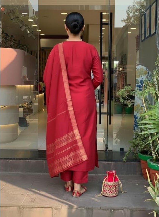 Yashika Women’s Silk Blend Kurta Set with Dupatta, Traditional Ethnic Wear Kurtis for Women|Red|2XL - Image 3