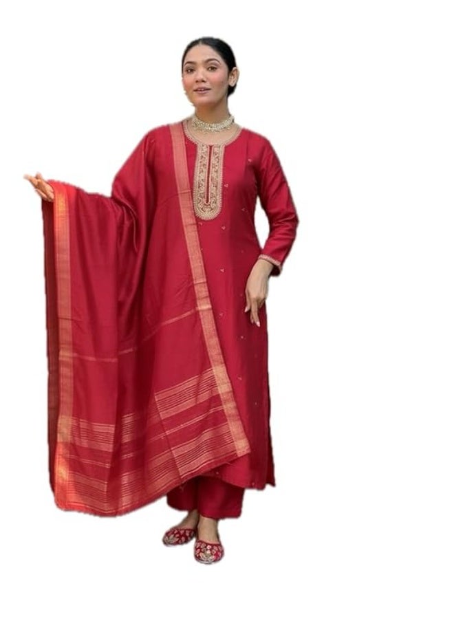Yashika Women’s Silk Blend Kurta Set with Dupatta, Traditional Ethnic Wear Kurtis for Women|Red|2XL - Image 1