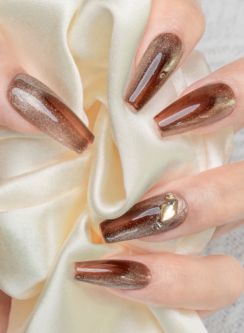 Nailosophy 10 Pcs Handmade Gel Press On Nails Long Coffin Chocolate Brown Ombre Design Gold Glitter Crystal Decor Reusable False Nails Nail Kit for Women Daily Wear Party Wedding Eid - Image 1